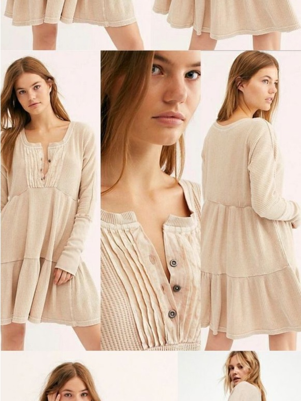 Free People FP One Jolene Mini Dress XS Sand | Waffle Knit Boho Babydoll